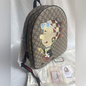 $1290 Gucci Brown Coated Canvas Punky FriendGRG Web Straps Backpack 433578